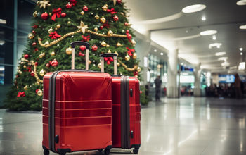 Christmas at the airport, luggage, suitcase, christmas tree