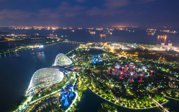 Aerial night view of Gardens by the Bay in Singapore