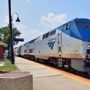 Amtrak train parked at a station.