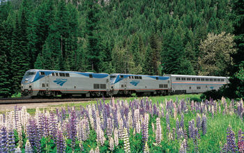 An Amtrak long-distance train travels through the lush forests and wildflower meadows of the Pacific Northwest.