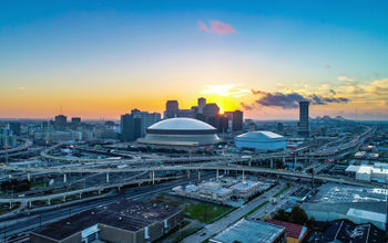 Aerial view of New Orleans, Louisiana skyline at sunrise