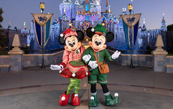 Mickey Mouse and Minnie Mouse dressed in their new holiday attire at Disneyland, Anaheim California.