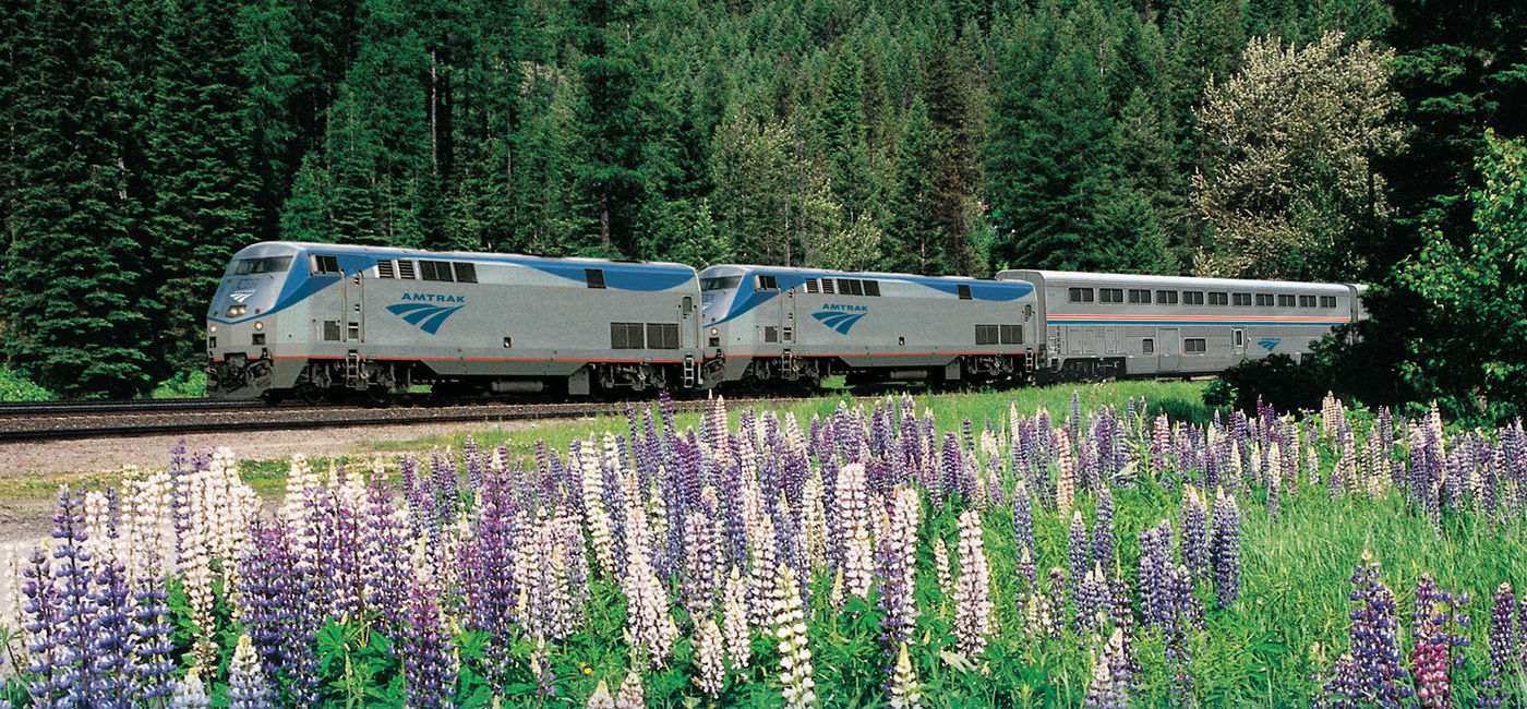 Image: An Amtrak long-distance train travels through the lush forests and wildflower meadows of the Pacific Northwest. (Photo courtesy of Amtrak)