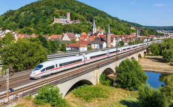 Deutsche Bahn high-speed ICE train in Gemuenden am Main, Germany.