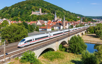 Deutsche Bahn high-speed ICE train in Gemuenden am Main, Germany.