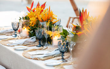 A wedding reception setting and centerpiece at Sandals Resorts in Jamaica.