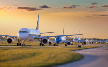 Planes waiting to take off from airport.