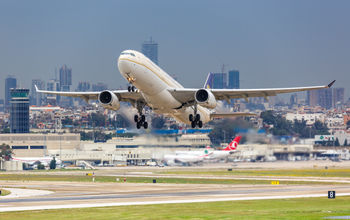 Saudi Arabian Airlines airplane takes off from Beirut International Airport.