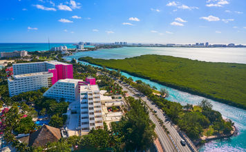 An aerial view of Cancun&#39;s Hotel Zone at Playa Linda.